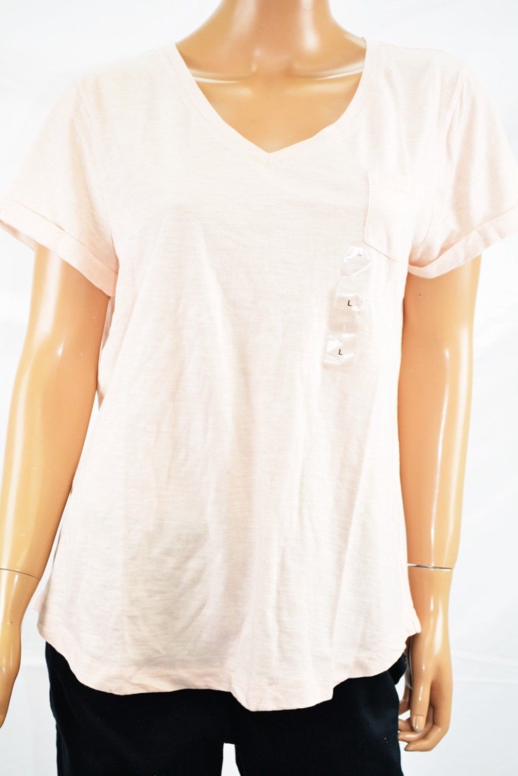 Style & Co Women's V Neck Short Sleeve Cotton Pocketed T-shirt Pink Size Small