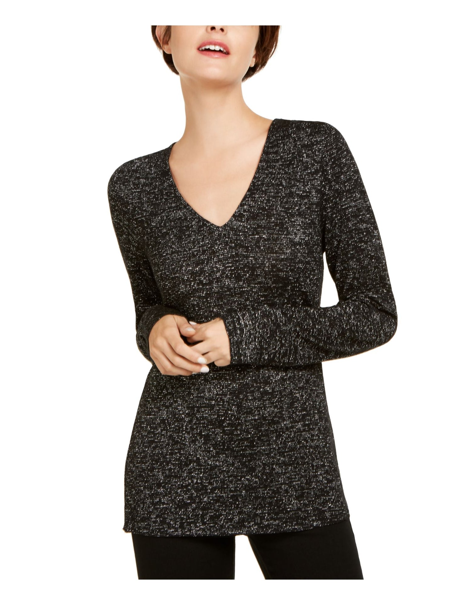 INC International Concepts Women's Glitter Long Sleeve V Neck Sweater Black Size Small