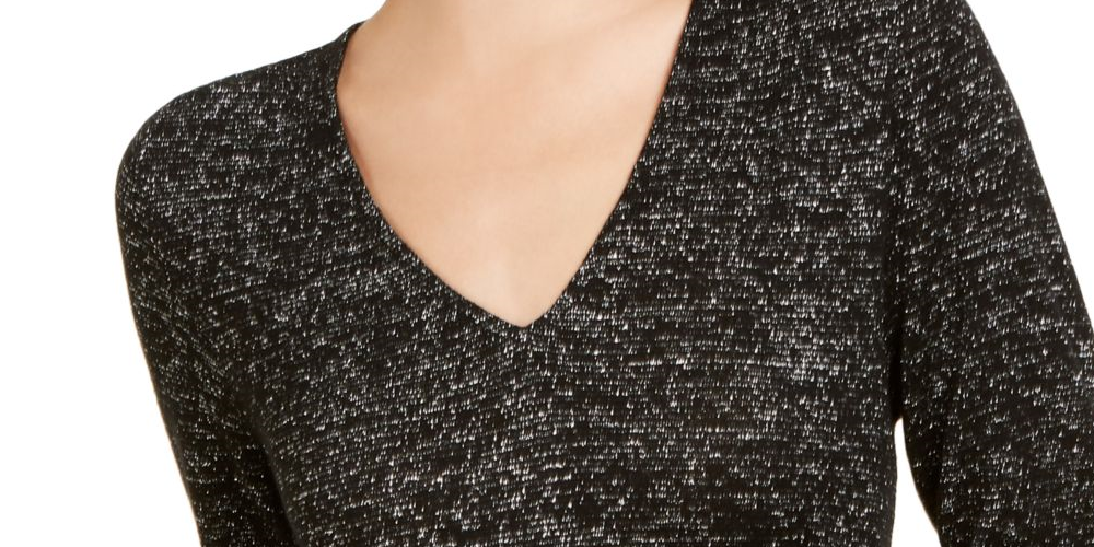 INC International Concepts Women's Glitter Long Sleeve V Neck Sweater Black Size Small