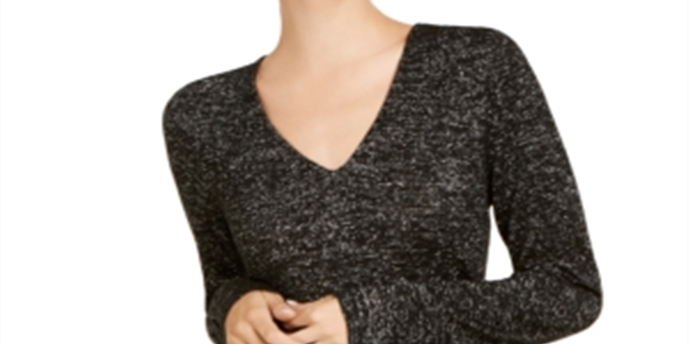 INC International Concepts Women's Glitter Long Sleeve V Neck Sweater Black Size Small