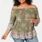 Style & Co Women's Plus Printed Off the Shoulder Top Green Size 0X