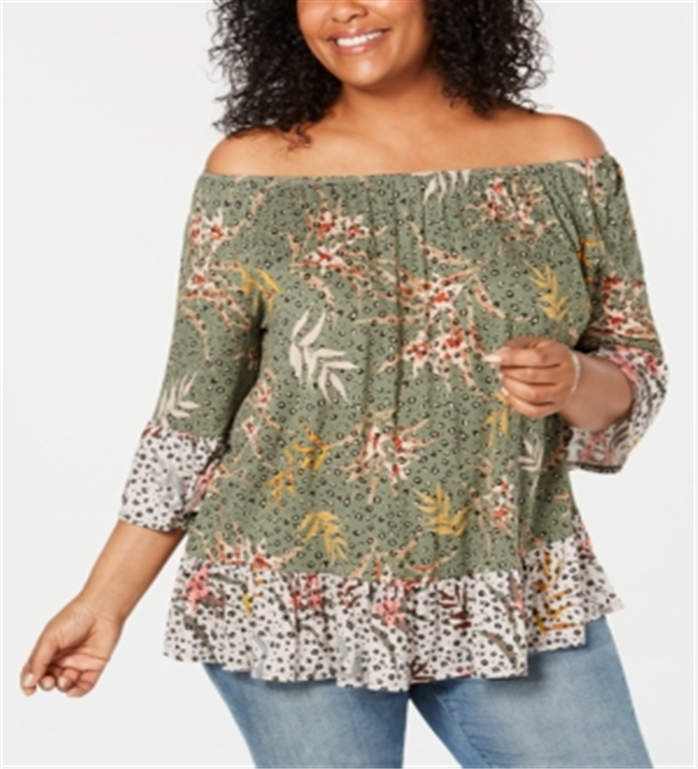 Style & Co Women's Plus Printed Off the Shoulder Top Green Size 0X