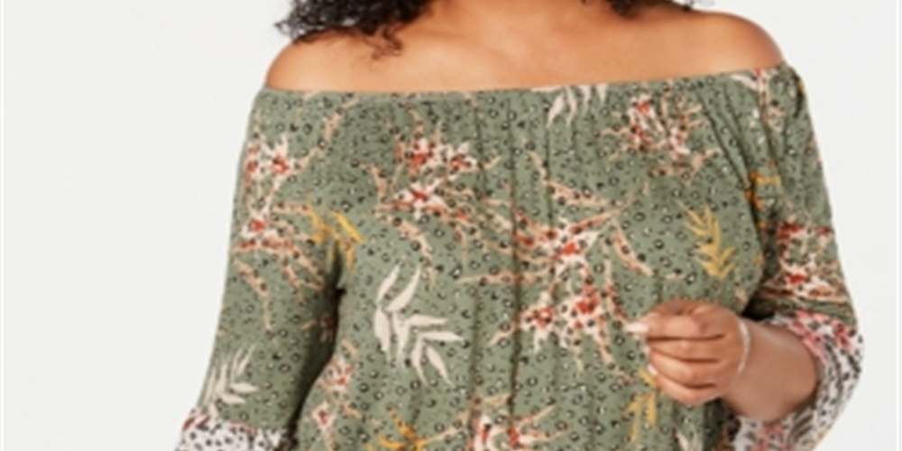 Style & Co Women's Plus Printed Off the Shoulder Top Green Size 0X