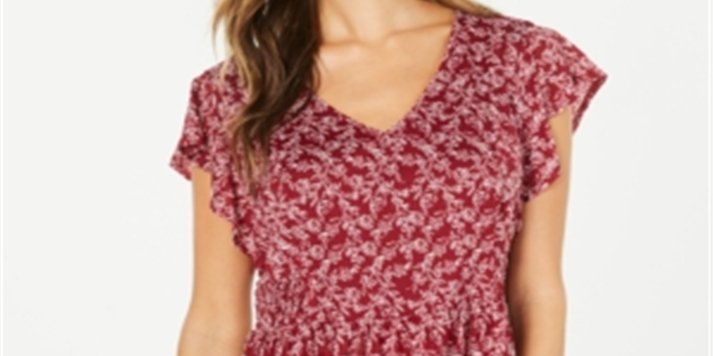 Style & Co Women's Flutter Sleeve Printed Peplum Top Red Size Petite