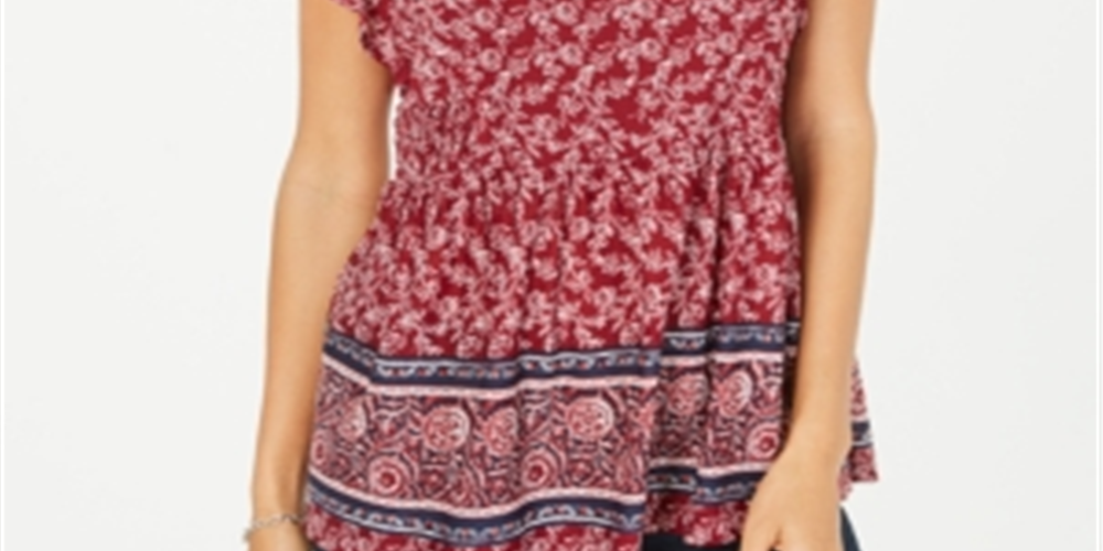 Style & Co Women's Flutter Sleeve Printed Peplum Top Red Size Petite