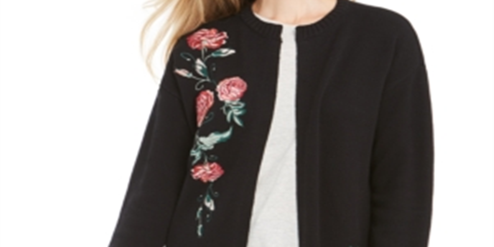 Style & Co Women's Embroidered Sweater Jacket Black Size Small