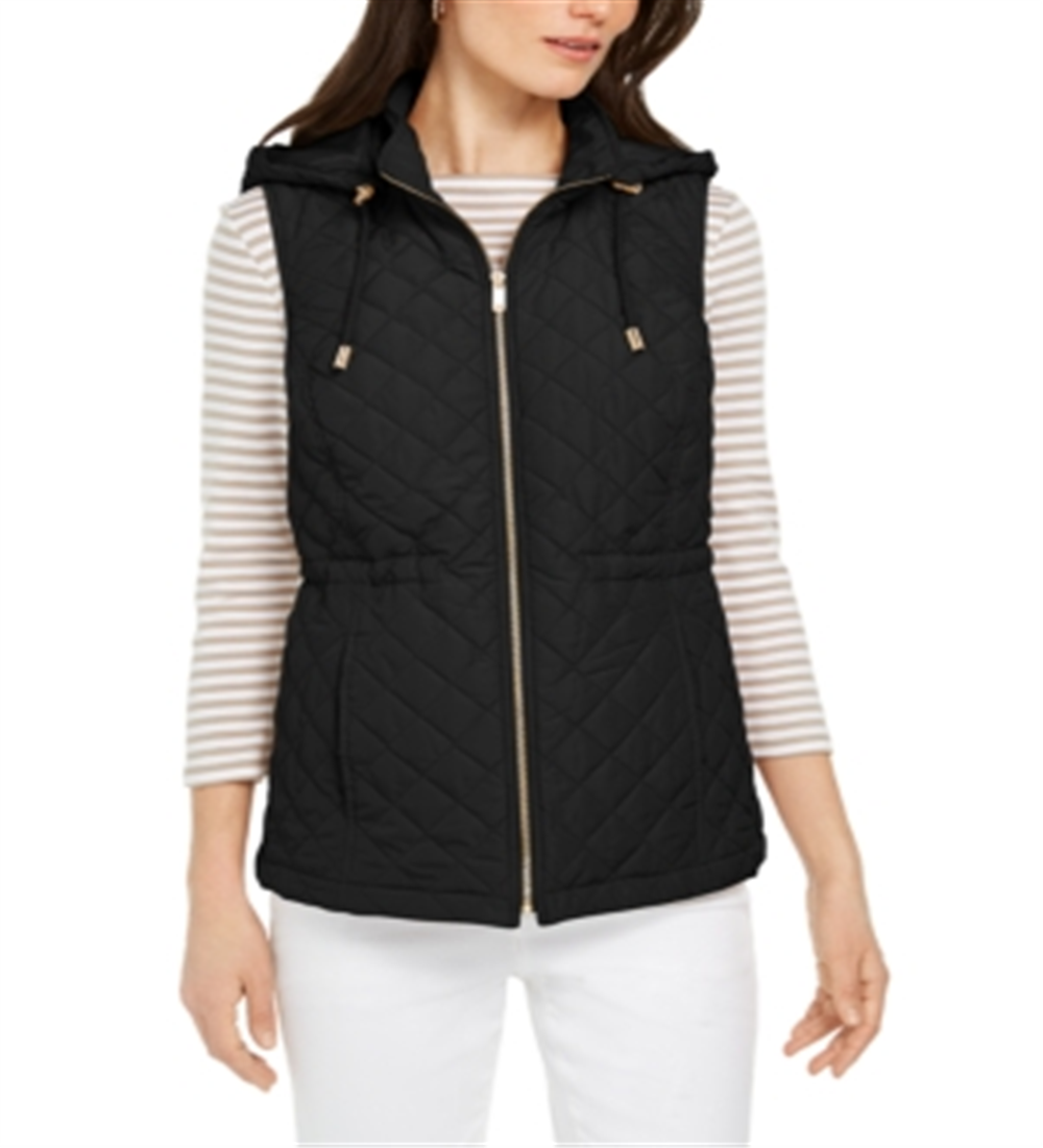 Charter Club Women's Woven Hooded Quilted Vest Black Size Small
