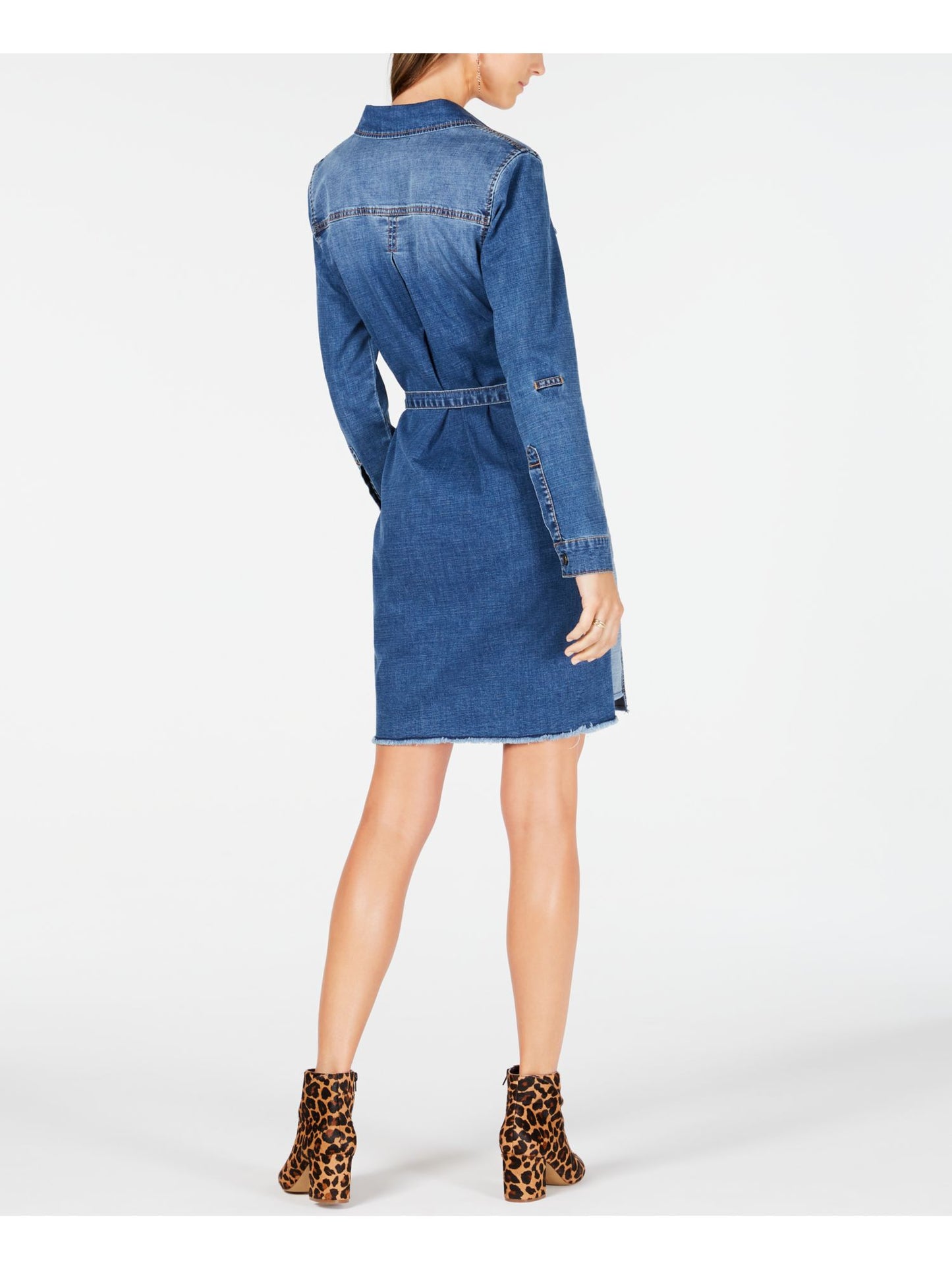 Jones Apparel Women's Tie Pocketed Cuffed Collared Above the Knee Shirt Dress Blue Size 0
