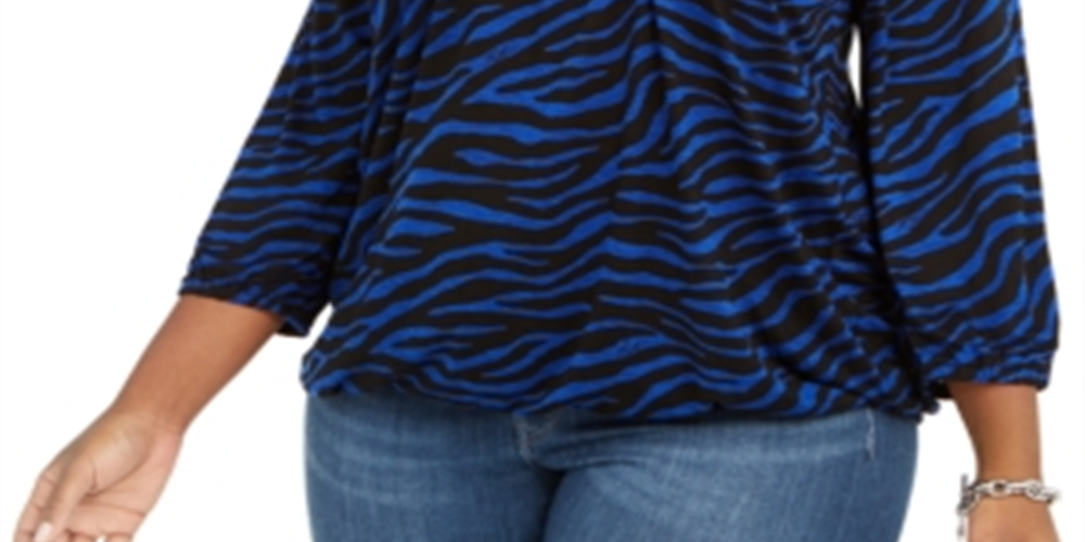 Michael Kors Women's Plus Tiger Print Peasant Knit T-Shirt Blue Size 0X