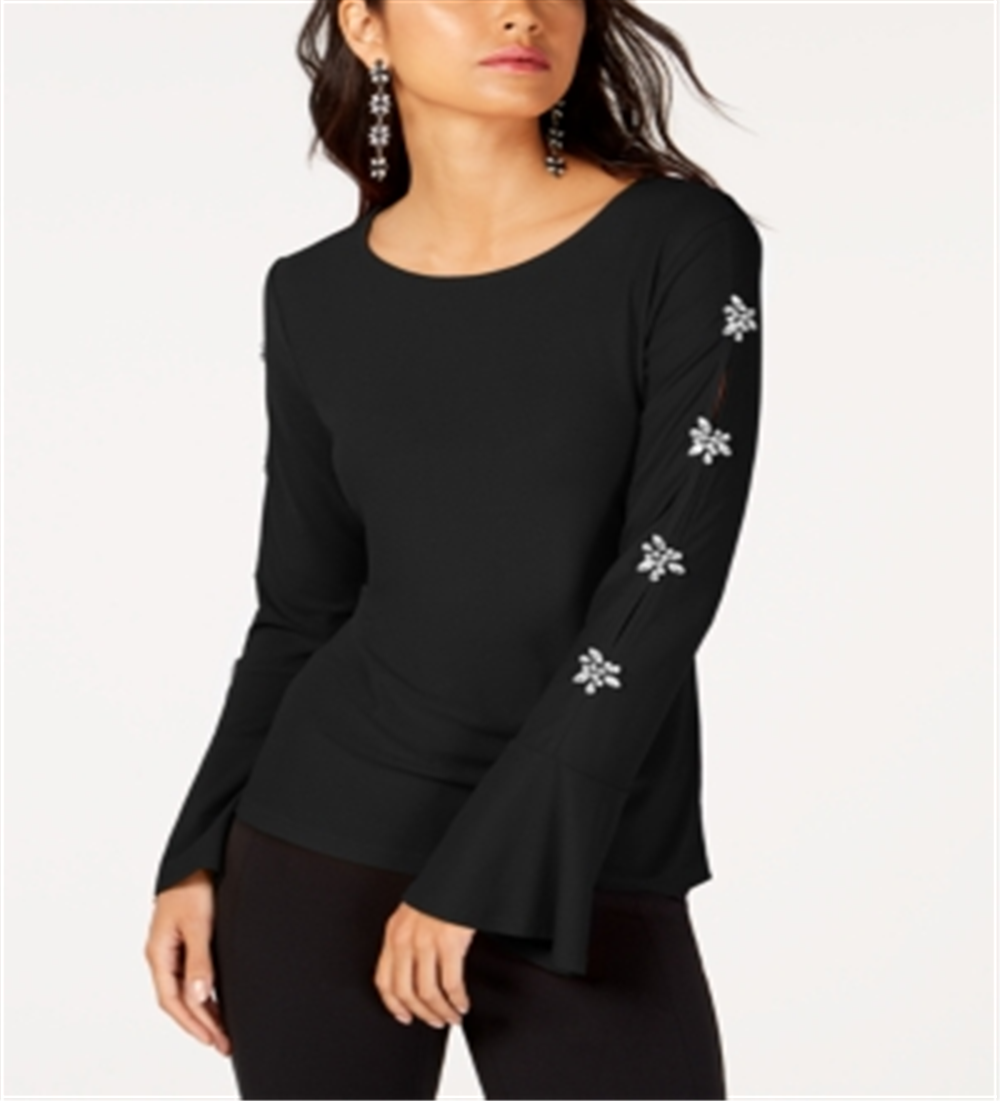INC International Concepts Women's Embellished Sleeve Top Black Size XXL