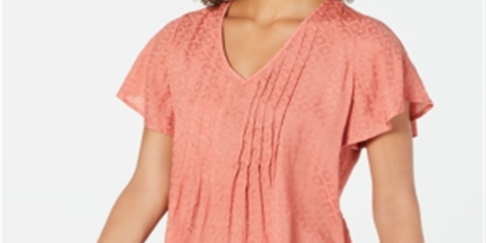 Style & Co Women's Textured Flutter Sleeve Top Blush Size Petite