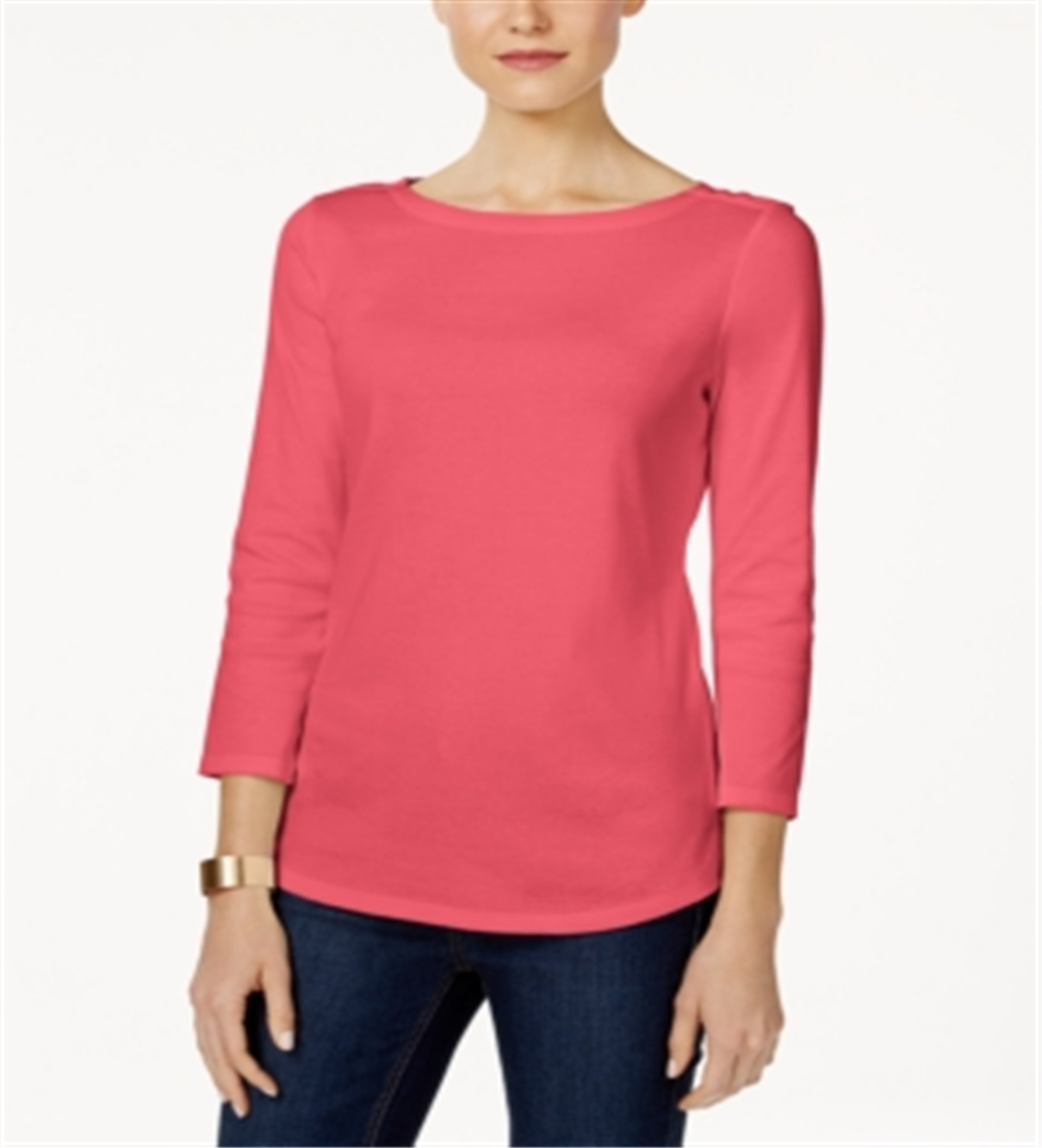 Charter Club Women's Pima Cotton Boat Neck Button Shoulder Top Red Size Medium
