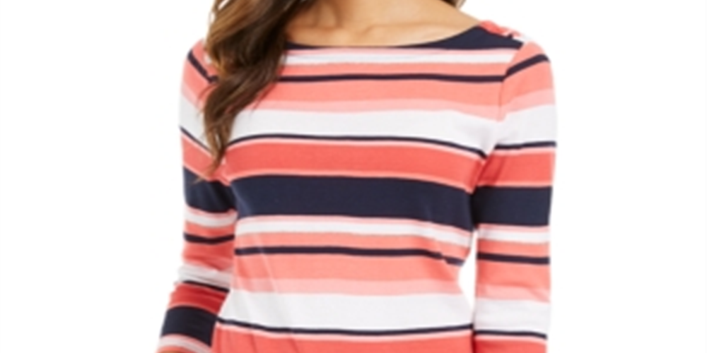 Charter Club Women's Pima Cotton Button Shoulder Stripe Top Red Size Small