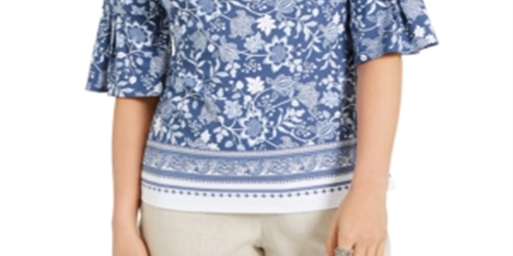 Charter Club Women's Printed Knit Ruffle Sleeve Top Blue Size Medium