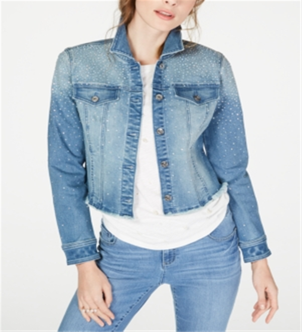 INC International Concepts Women's Cropped Rhinestone Jean Jacket Blue Size Small