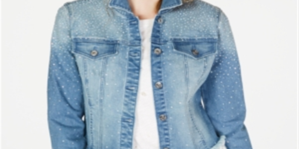 INC International Concepts Women's Cropped Rhinestone Jean Jacket Blue Size Small