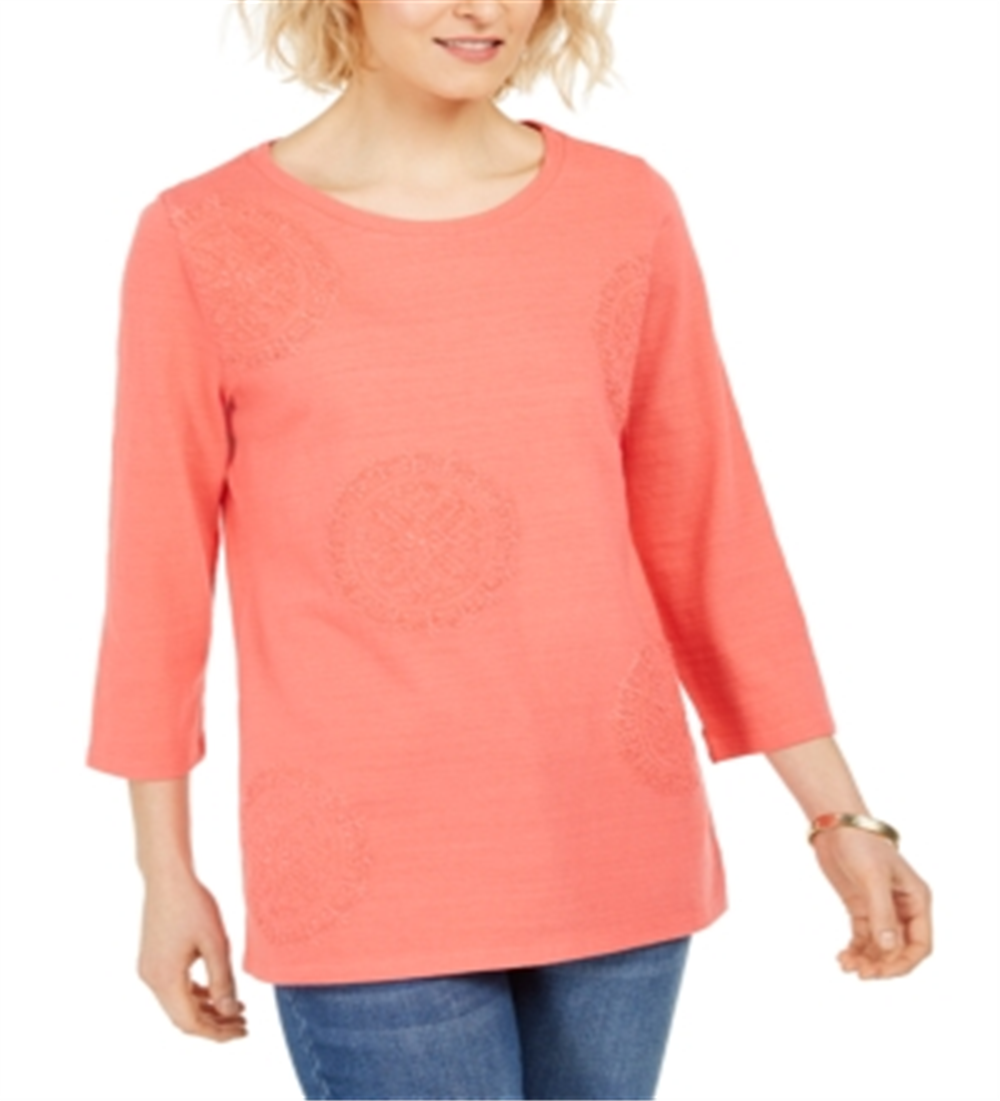 Charter Club Women's 3/4 Sleeve Printed Top Red Size Large
