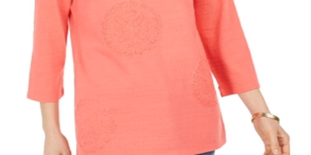 Charter Club Women's 3/4 Sleeve Printed Top Red Size Large