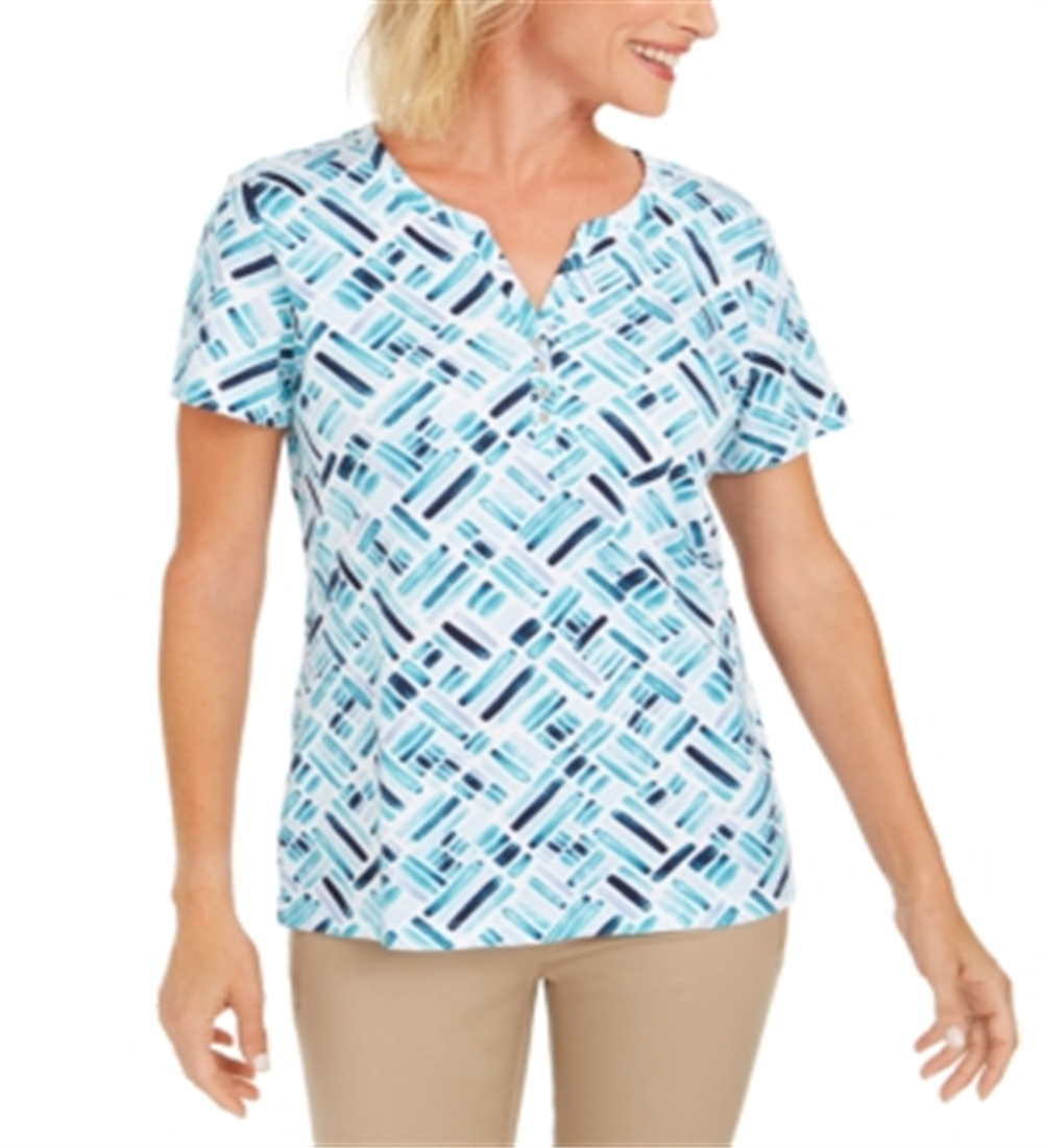 Karen Scott Women's Printed Short Sleeve Henley Top Aqua Size S