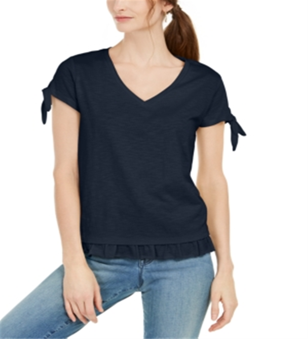 Style & Co Women's Tie Sleeve Ruffled Top Blue Size X-Small