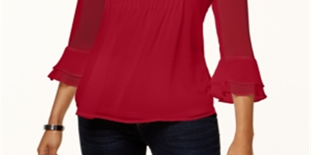Charter Club Women's Double Ruffle Solid Pintuck Top Red Size Petite Medium