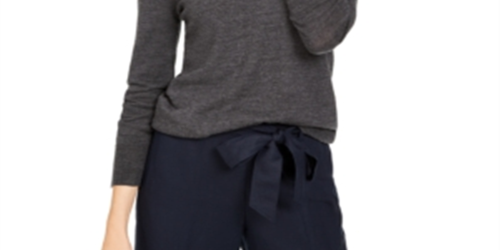 Charter Club Women's Merino Wool Button Cuff Crewneck Sweater Gray Size Large