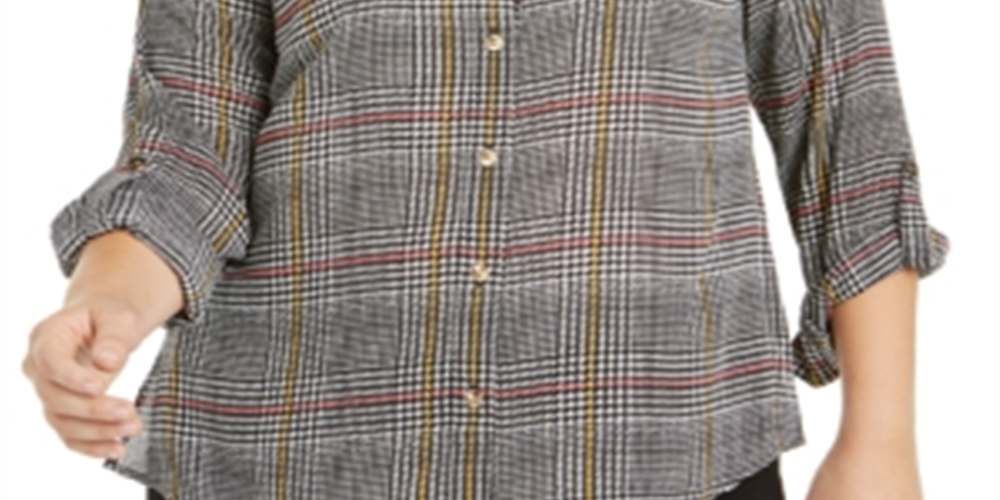 Charter Club Women's Plus Roll Sleeve Plaid Shirt Black  Size 3XL