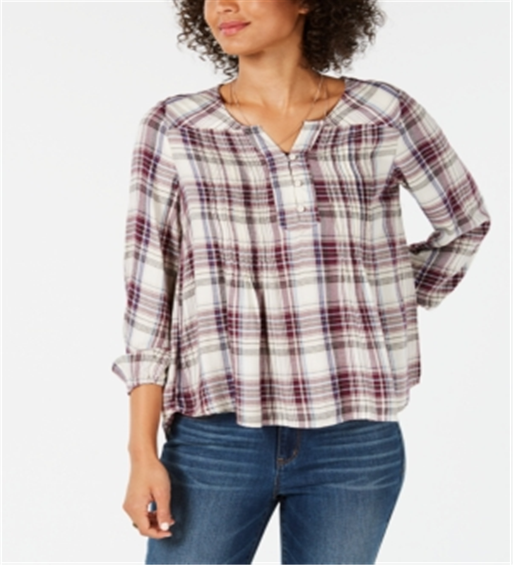 Style & Co Women's Plaid Split Neck Top Purple Size X-Small