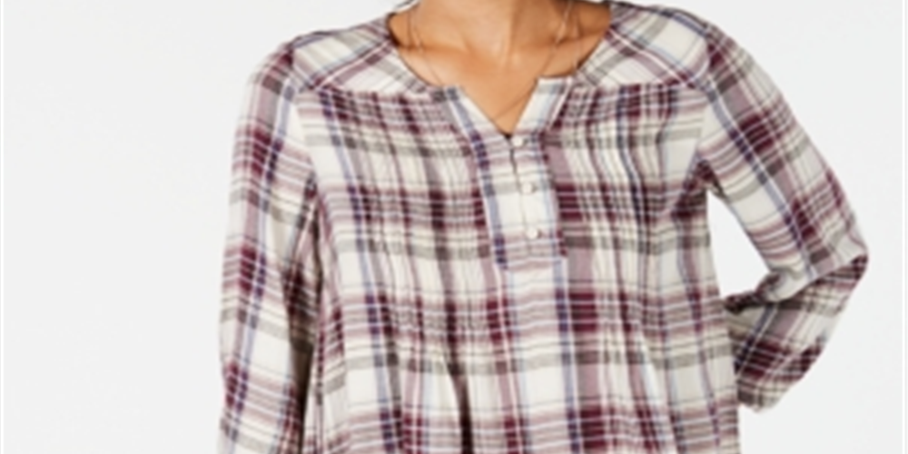 Style & Co Women's Plaid Split Neck Top Purple Size X-Small