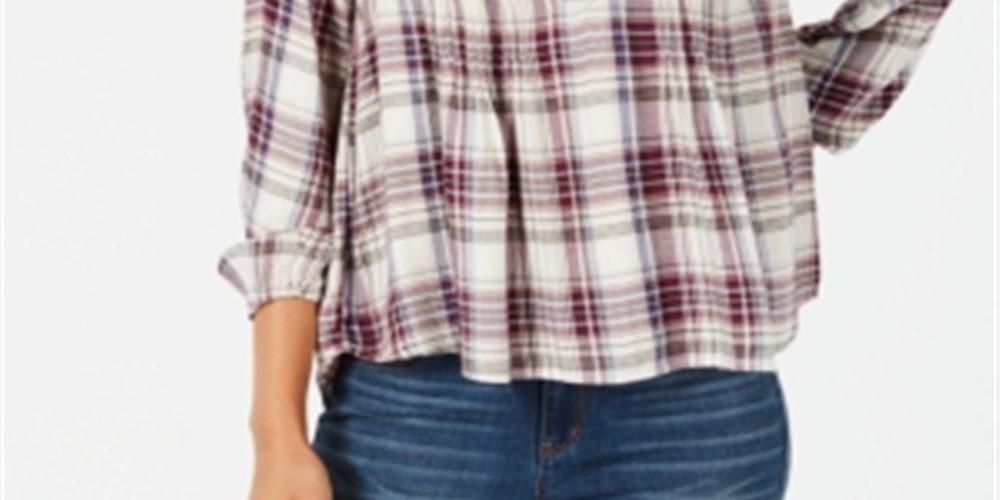 Style & Co Women's Plaid Split Neck Top Purple Size X-Small