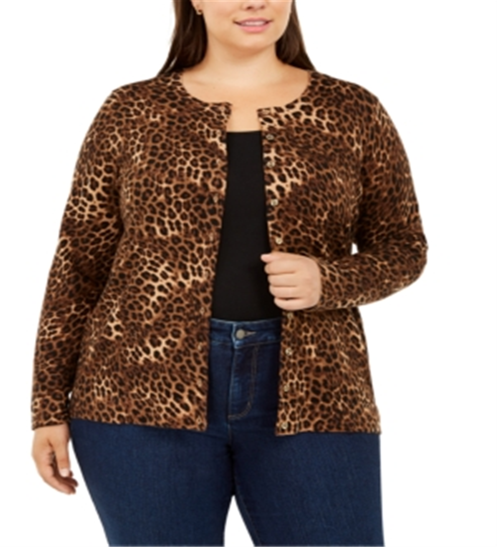 Charter Club Women's Plus Animal Print Cardigan Sweater Taupe Leopard Size 0X