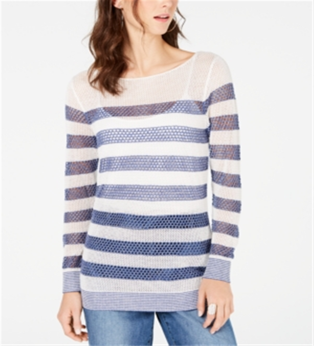 INC International Concepts Women's Striped Open Stitch Sweater White-Blue Size Petite L