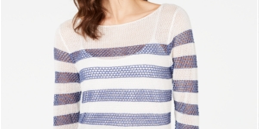 INC International Concepts Women's Striped Open Stitch Sweater White-Blue Size Petite L