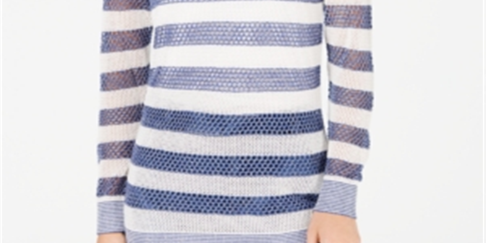 INC International Concepts Women's Striped Open Stitch Sweater White-Blue Size Petite L