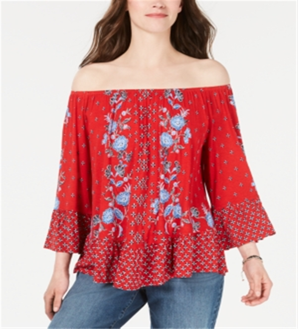 Style & Co Women's Printed Off the Shoulder Top Red Size X-Small
