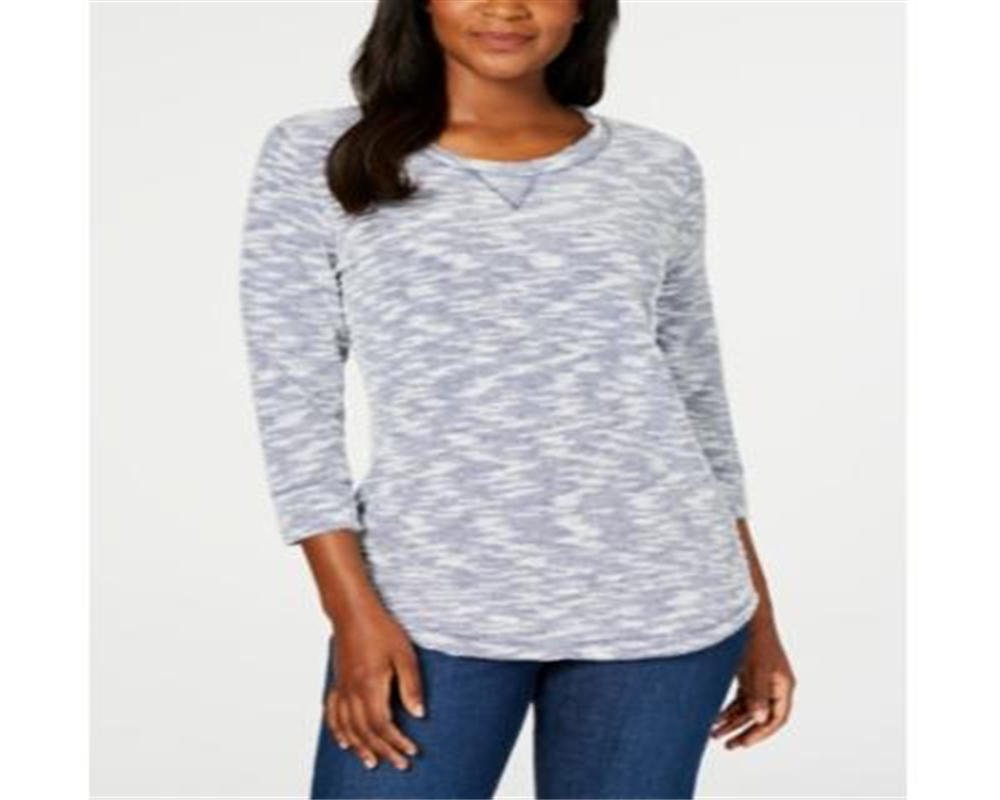 Karen Scott Women's Space Dye 3/4-Sleeve Top Blue-White Size Petite S