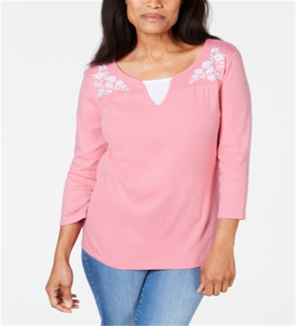 Karen Scott Women's Embroidered Cotton Layered Look Top Pink Size Medium