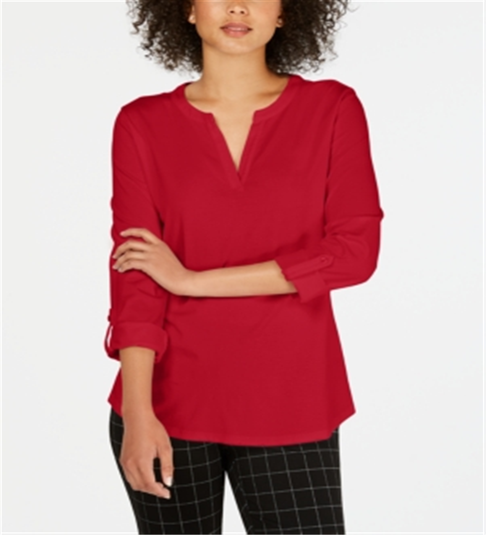Charter Club Women's Supima Cotton Split Neck Top Red Size XX-Large