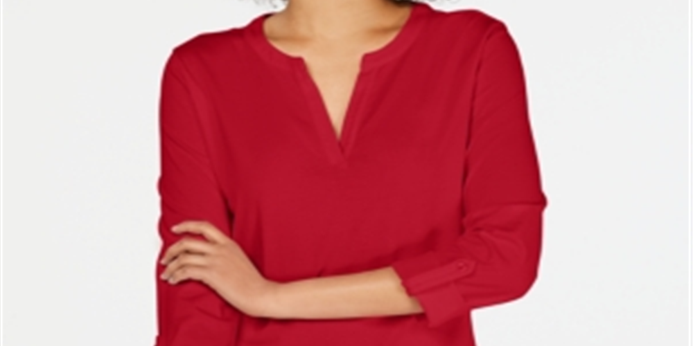 Charter Club Women's Supima Cotton Split Neck Top Red Size XX-Large