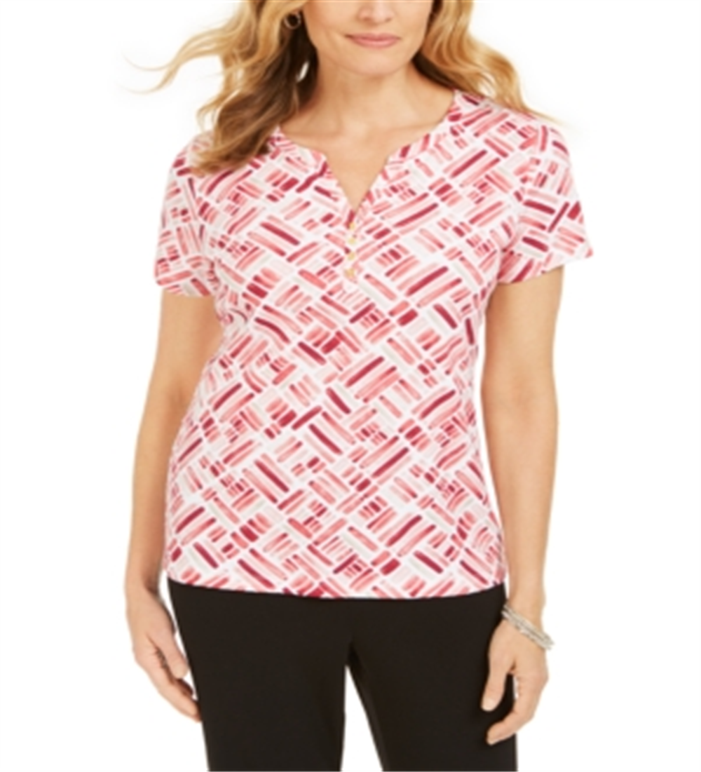 Karen Scott Women's Printed Short Sleeve Henley Top Orange Size Medium