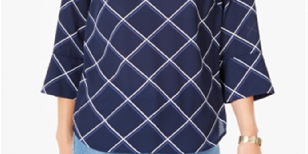 Charter Club Women's Printed 3/4 Sleeve Top Blue Size Small