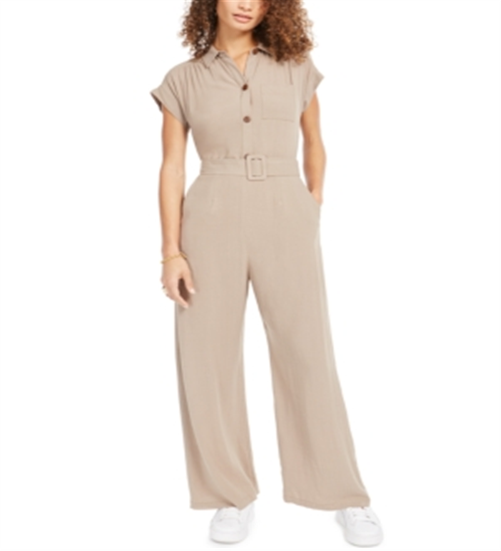 Monteau Women's Button Front Linen Blend Wide Leg Jumpsuit Brown Size Petite Large