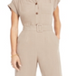 Monteau Women's Button Front Linen Blend Wide Leg Jumpsuit Brown Size Petite Large