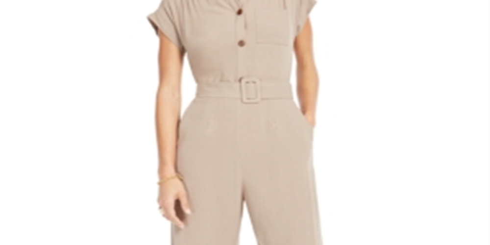 Monteau Women's Button Front Linen Blend Wide Leg Jumpsuit Brown Size Petite Large