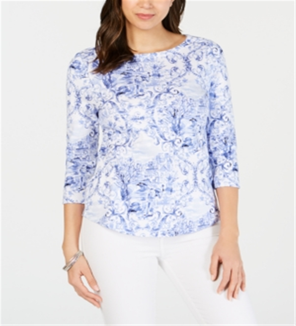 Charter Club Women's Printed Boat Neck Top White Size Small