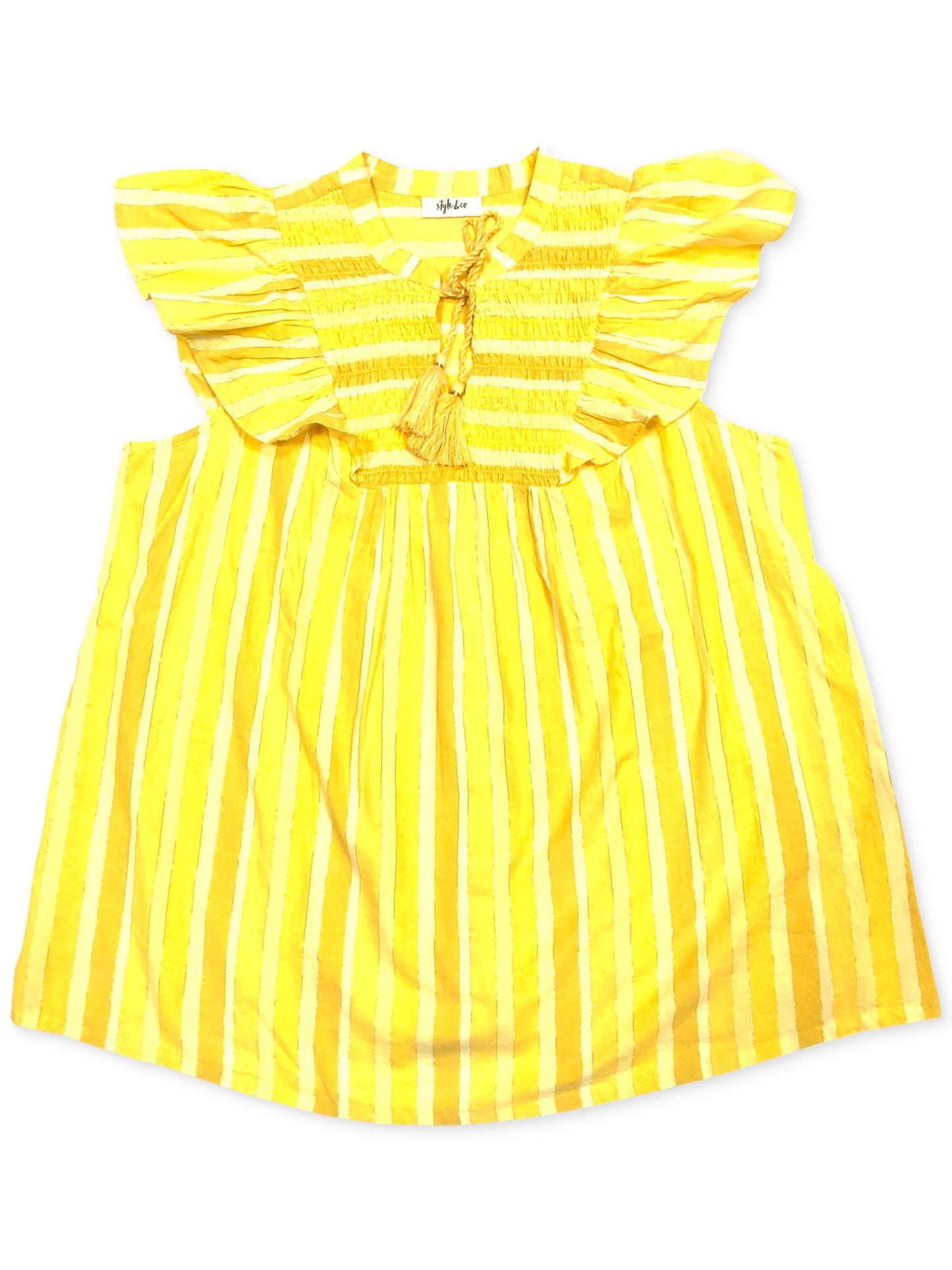 Style & Co Women's Striped Ruffle Sleeve Cotton Top Yellow Size Large