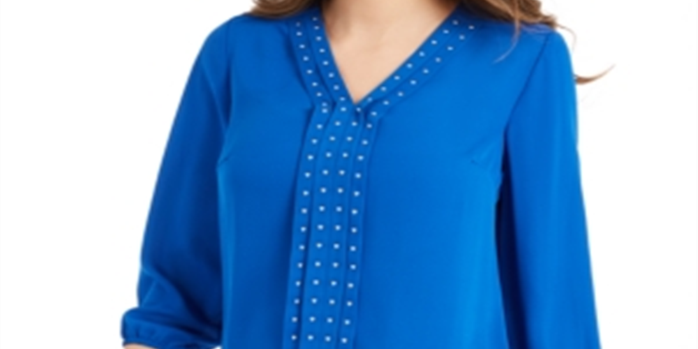 JM Collection Women's Solid Studded Pleated Blouse Blue Size X-Large