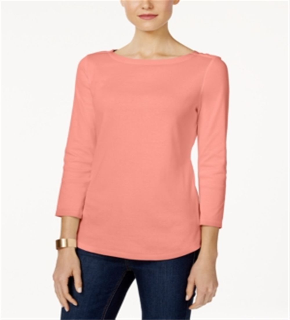 Charter Club Women's Pima Cotton Boat Neck Button Shoulder Top Orange Size Large