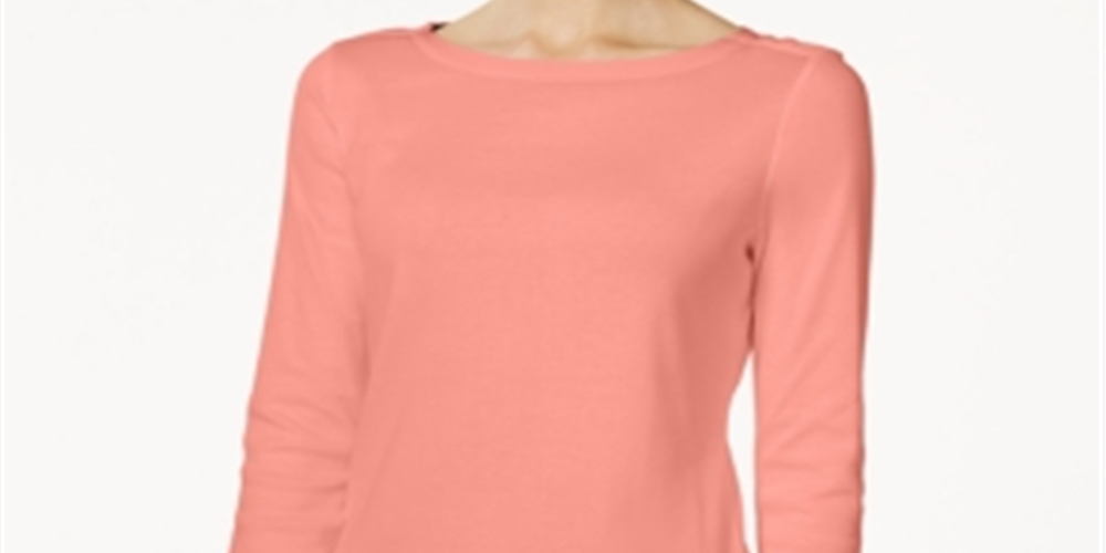 Charter Club Women's Pima Cotton Boat Neck Button Shoulder Top Orange Size Large