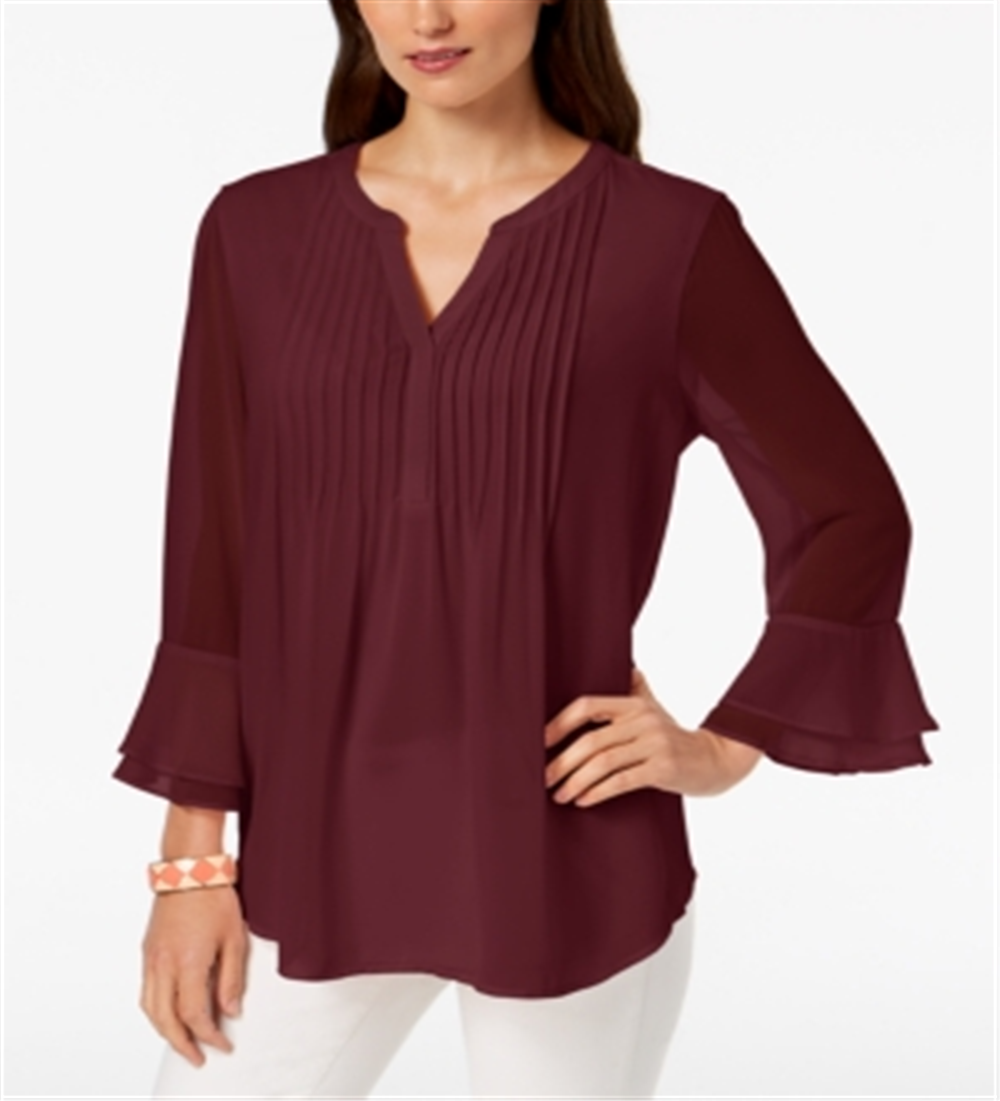Charter Club Women's Double Ruffle Solid Pintuck Top Red Size X-Large